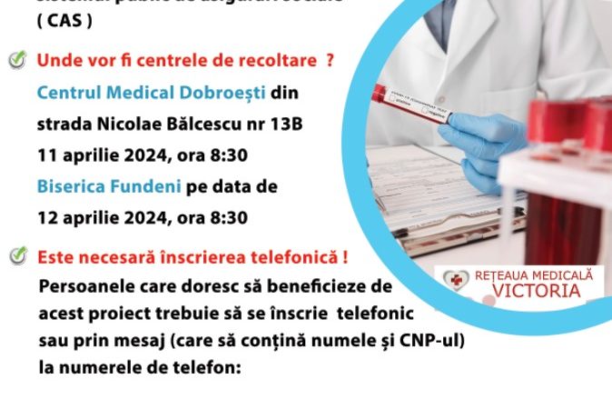 Primăria Dobroești vine in sprijinul Dvs prin inițierea unei campanii de recoltare de probe pentru un pachet de 58 de analize medicale.